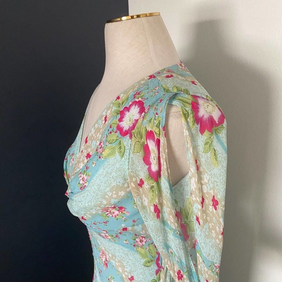 Carrie Hutton Y2K V-Neck Floral Flowy Midi Dress Cut Out Sleeves - Picture 8 of 15